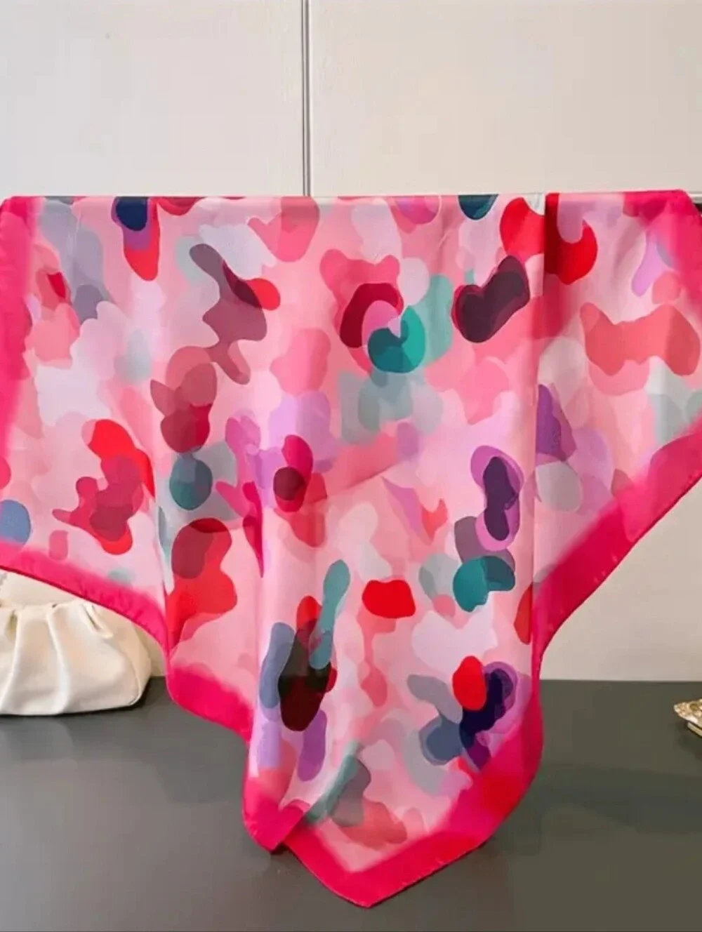 Silk-feel Pink Heart-Print  Scarf -  Women's  Head Scarf Neck Scarf